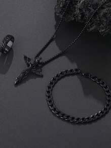 3pcs Men's Fashion Punk Rock Hip Hop Party Accessories Rose Flower Cross Necklace Bracelet Ring Set