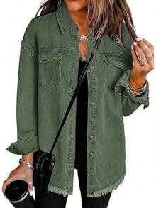 Vetinee Women's Oversized Button Up Frayed Hem Shacket Long Sleeve Pockets Denim Jean Jacket - 榆樹綠 - 查看 1