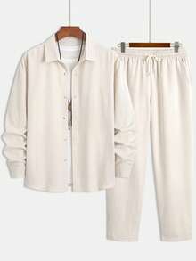 Herren Lässig Einfarbiges Set mit Hemd mit Umlegekragen und Langarm, durchgehend offen, mit Tunnelzug an der Taille und Hose, 2-teiliger Anzug, vielseitig und essentiell für Business-Outfit, Herbstkleidung, gemütliche Outfits