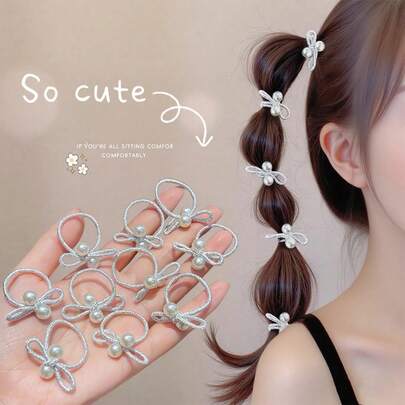 10个/套 可爱银色发圈，带彩色蝴蝶结，弹性发带，不伤发，适合女孩，小号，适合编发或细软发质，马尾辫发圈，发绳，发圈，发圈，发绳，弹性发带，发饰，家居美容女性配饰礼品，礼物头部配饰弹性发圈