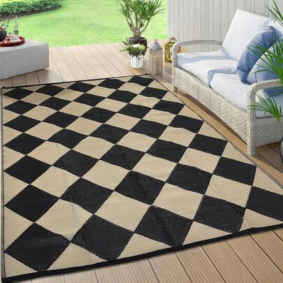 Studyset 8x10 Outdoor Rug Waterproof Reversible Outdoor Plastic Straw Rug With 4 Stakes & Portable Bag Boho Patio Rugs Carpet RV Mat Easy To Clean Checkered Floor Carpet For Patio Camp Balcony Deck Picnic