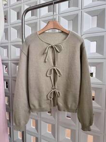 [Áo] Áo khoác cardigan tay dài xoắn phía trước màu trơn, tối giản, trang phục công sở, cổ điển, đơn giản, phong cách Pháp, áo khoác cardigan dệt kim màu trơn buộc eo phía trước cho nữ, có thể mặc ngoài áo cánh, áo khoác cardigan cỡ lớn dễ thương - Màu Khaki - Xem 3