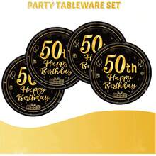 10/20/40/60件組 黑金50歲生日一次性餐具，金色50生日氣球煙花禮物印花7英吋與9英吋紙盤與餐巾紙，里程碑50歲生日派對餐盤，適用男女50歲派對用品 - 黑色50歲 - 查看 6