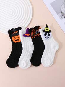 4 Pairs Baby & Toddler Cartoon Funny Twisted Pattern Mid-Calf Socks, Suitable For Halloween And Holiday Matching - Multicolor - View 3
