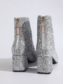 Women's Fashion Glitter Chunky Heel Ankle Boots, Back Zipper Square Toe High Heel Boots, Runway Plus Size Dress Boots - Silver - View 2
