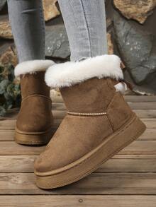 Women's Thick Sole Fashion Boots, Solid Color Y2K Casual Cute Faux Fur Patchwork Outdoor Warm Comfortable Snow Boots, Suitable For Outdoor, Vacation, Winter