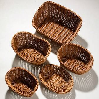 Hand-Woven Imitation Rattan Wicker Fork Spoon Basket Rectangular Storage Box Fruit Tea Snack Bread Basket Cosmetic House Kitchen Supplies