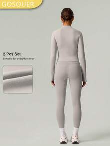 GOSOUER 2 PCS Co Ord Set Women's Classic Light Fleece Warm Outdoor Sports Jacket With Butt Lifting Yoga Legging For Winter Autumn - Grey - View 2