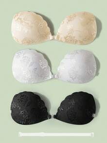 1 件蕾丝隐形聚拢文胸 - 无肩带自粘式提升文胸，带透明肩带，可重复使用粘性乳贴，适用于婚纱、连衣裙和礼服 - 杏色 - 查看 3