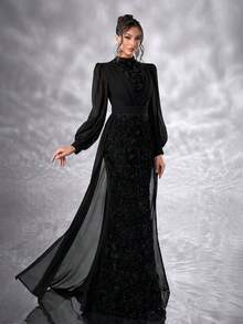 YISIKADO Elegant 3D Flower Chiffon High Neck Lantern Sleeve Long Dress Wedding Guest Formal Dress Modest Women Dresses - 黑色 - 查看 3