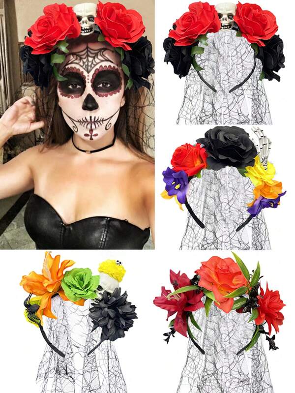 1 pieza Nuevo accesorio para el cabello de mujer con diadema con flor de calavera de tela sintética estilo Halloween/Día de los Muertos, accesorio decorativo para el cabello para fiesta de disfraces, baile de máscaras y celebraciones del Día de los Muertos, regalo para fiestas y días festivos