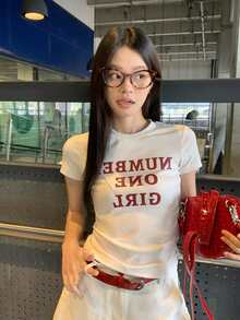 Petite 夏季新款简约短袖T恤女短款修身个性印花休闲圆领上衣韩版 - 白色 - 查看 4