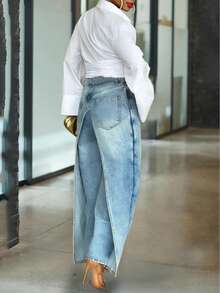 GLOURI Barrel Jeans For Women, Baggy Jeans - 2 In 1 High Waist Vintage Washed Denim With Faux Two-Layer Overlay Design & Side Zipper | Urban Explorer Pants For Weekend Street Style - 藍色 - 查看 3