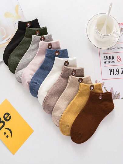 10 pares de calcetines cortos y bajos aleatorios para mujer, delgados y transpirables, con diseño de oso lindo, aptos para uso diario, moda y casual