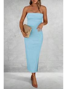 Women's Summer Bodycon Maxi Tube Dress Ribbed Strapless Side Slit Long Going Out Casual Elegant Party DressesHalloween Christmas New Year - Aqua Blue - 查看 7