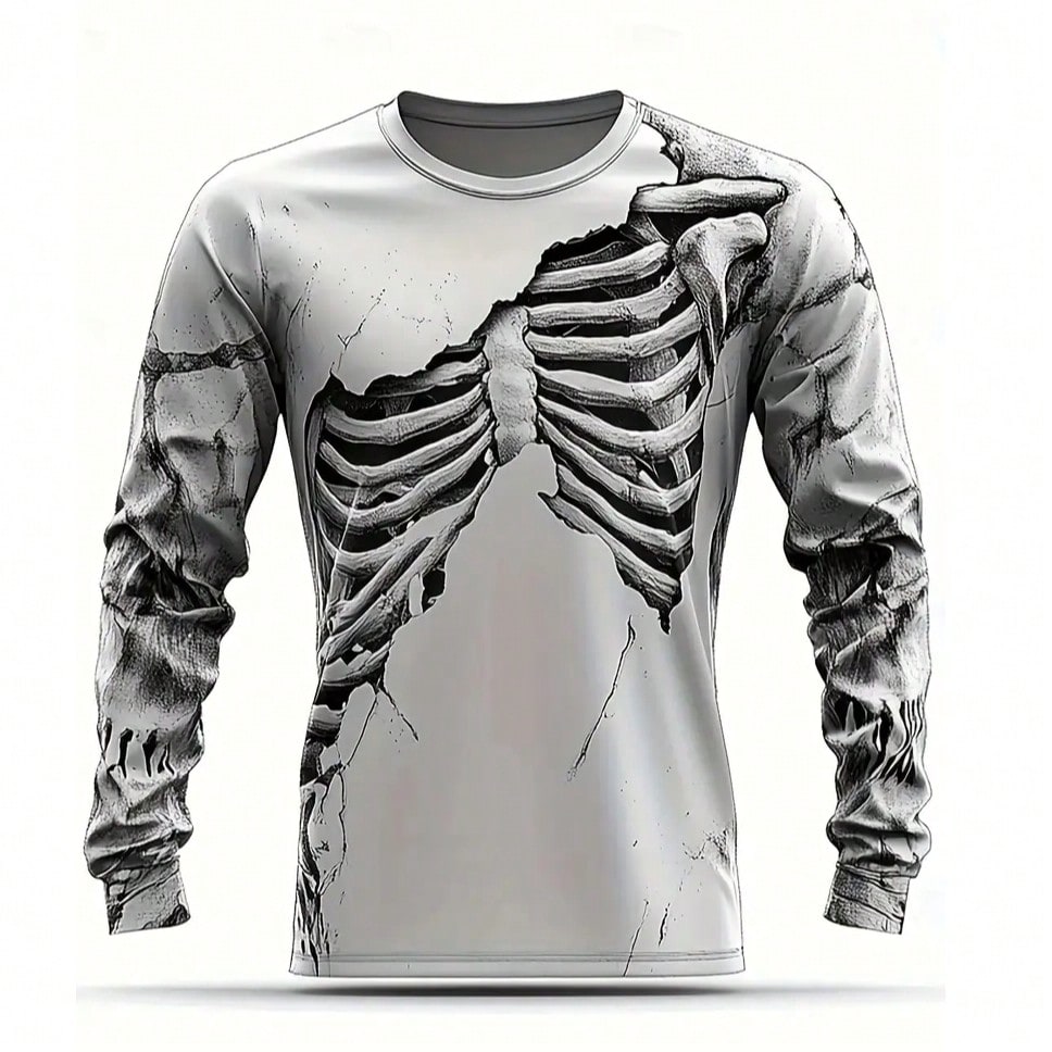 Camiseta de manga larga con estampado de esqueleto 3D para hombres - Ligera y transpirable, cuello redondo casual, tela 100% poliéster, delgada y tra