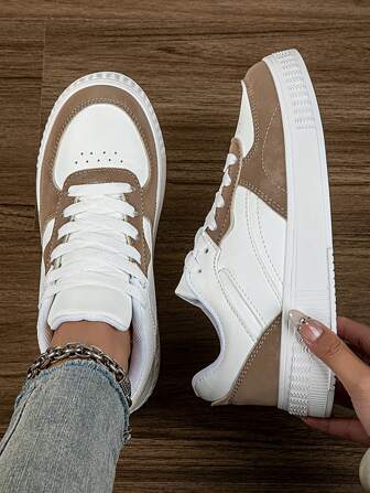 Women's Lace-Up Beige Patchwork Breathable Low-Top Casual Sneakers, Comfortable Lightweight Minimalist Style Fashion Thick-Soled Walking Shoes, Versatile Outdoor Skateboard Shoes, Platform Increase Height