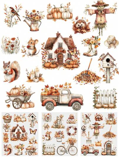 3 Sheets Autumn Fall Pumpkin Farmhouse, Animals, Flowers, Garden DIY UV DTF Rub On Transfer Stickers Crafts, Junk Journal, Tumbler Glass Jars, Coffee Mugs Cup Wraps Decor, Bottles Vase, Laptops Phone Cases Greeting Cards Decal Stickers, Illustration, Scrapbooking, Party Home Decor