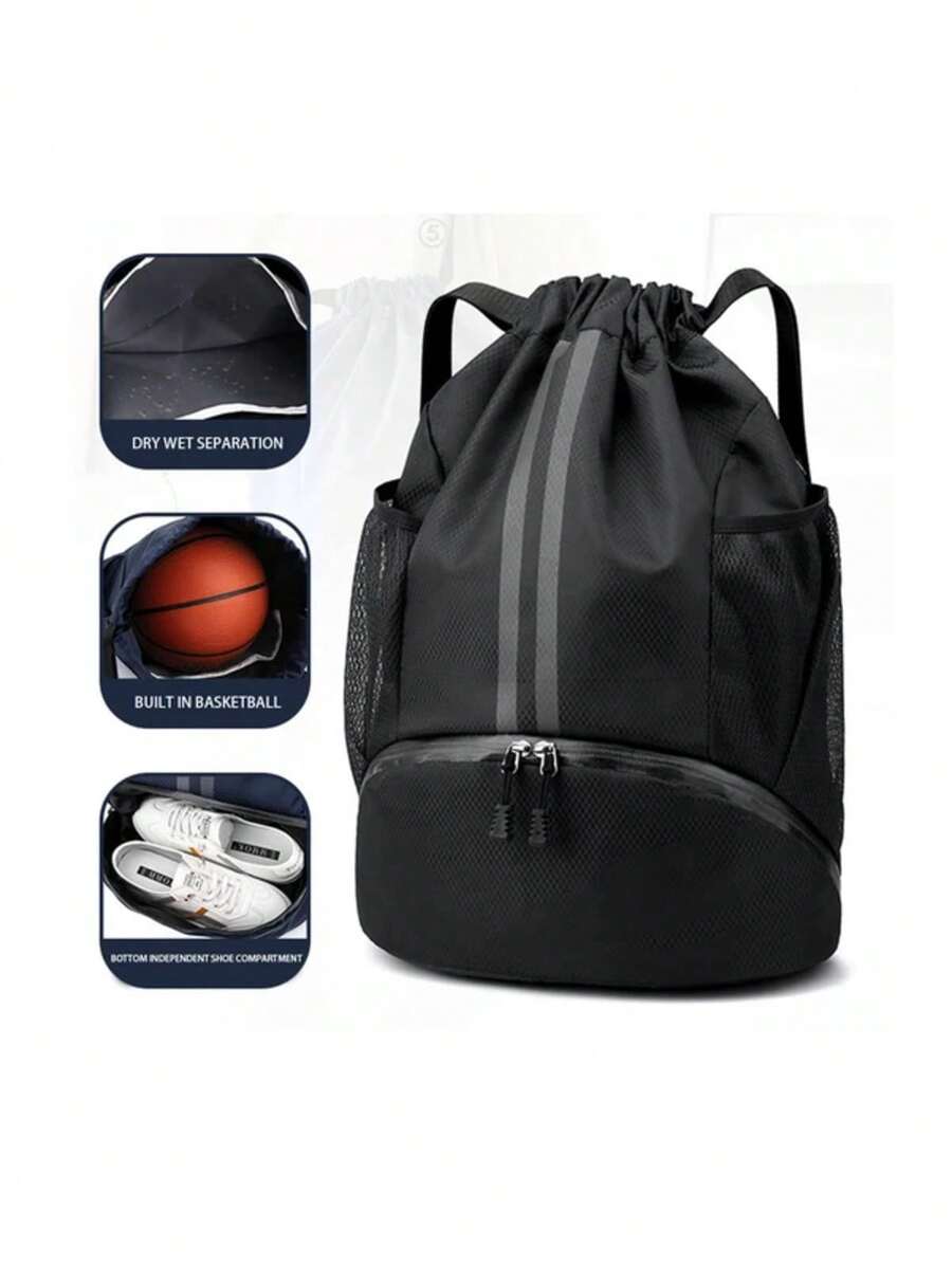 Basketball Bag, Swimming Bag, Dry Wet Separation Women's Storage Bag, Sports Backpack, Training And Fitness Drawstring Backpack - 黑色 - 查看 1