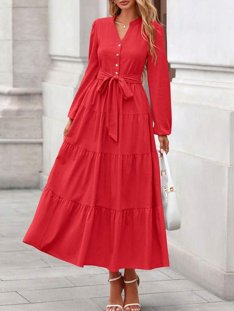 Women's  Fall Boho Maxi Dresses Long Sleeve V Neck Belted Ruffle A Line Long Flowy Dress With Pockets Fall Dresses For Women - 紅色 - 查看 1