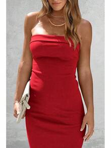 Women's Summer Bodycon Maxi Tube Dress Ribbed Strapless Side Slit Long Going Out Casual Elegant Party DressesHalloween Christmas New Year - 紅色 - 查看 3