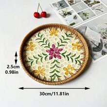 1pc Mother-Of-Pearl Inlaid Wooden Base Rattan Tray Hand-Woven Wicker Tray Coffee Table Tray For Storage And Placing Bread And Fruits