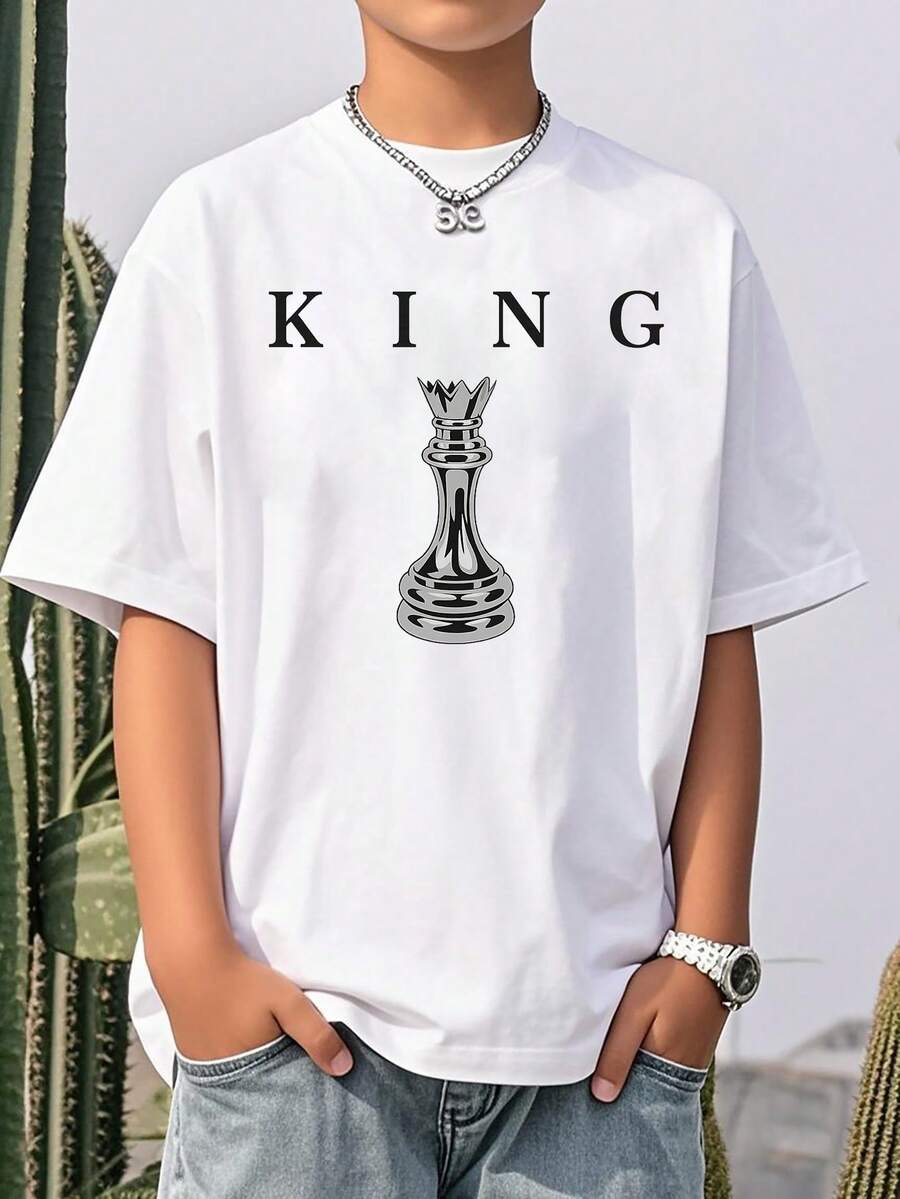 Boys & Teens' Casual Graphic Print Round Neck Short Sleeve T-Shirt, Summer Top - trắng - Xem 1