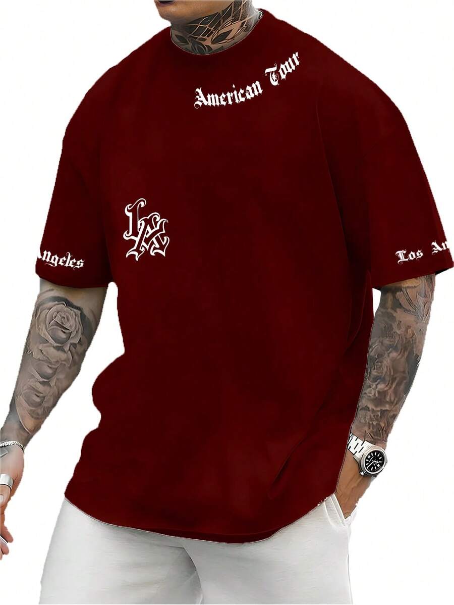 America Tour Los Angeles Unisex Streetwear T-Shirt 100% Cotton Letter Print Front And Sleeves Comfortable - 紫紅色 - 查看 1