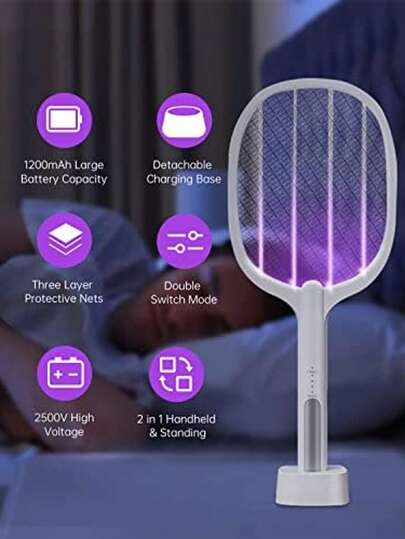 OBOVAY Elektryczna łapka na muchy 2 w 1, ładowalna przez USB, owadobójcza z podstawką ładującą i przyciągającym światło, odpowiednia na komary, pszczoły, muchy i ćmy, biała, 500 mAh