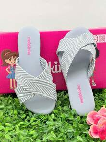 Girls' Flat Sandals, Slide Molekinha, Comfortable Youth - Blue Tresse - View 2