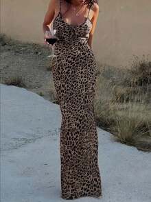 豹纹镂空系带修身细肩带连衣裙 - 彩色 - 查看 5