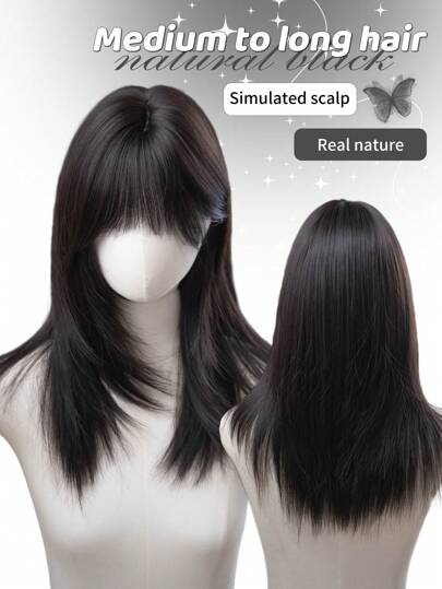 1 Synthetic Heat-Resistant Wig, Black Long Straight Wig With Bangs, Made Of 20 Feet Long Fiber, Suitable For Daily Use, Natural Artificial Wig