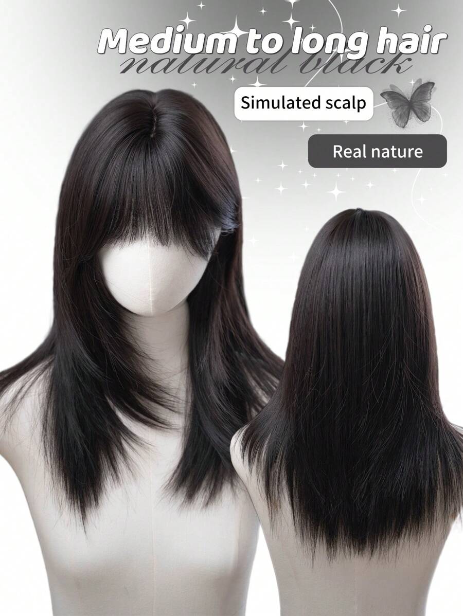 1 Synthetic Heat-Resistant Wig, Black Long Straight Wig With Bangs, Made Of 20 Feet Long Fiber, Suitable For Daily Use, Natural Artificial Wig - Black - View 1