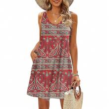 Women's Casual Summer T-Shirt Dresses – Ideal As Beach Cover-Ups Or Tank Dresses - 紅色腰果花 - 查看 2