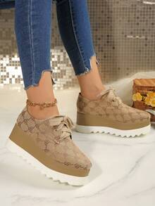 2025 Women's New Dual-Color Sole Platform Shoes, Round Toe Lace-Up Casual/Athletic Style Shoes, Black, Thick Sole, Wedge Heel, Height Increasing, Suitable For Autumn - Brown - View 9