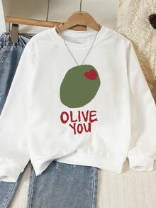 女式保暖羊毛衬里棉质运动衫，落肩舒适套头衫，超大圆领运动休闲外套，柔软透气长袖上衣，百搭学院风街头服饰，早餐装，节日服饰，橄榄绿树枝心形字母印花，白色上衣，曲线超大运动衫，秋冬季厚面料，柔软透气，适合寒冷天气的长袖上衣，女式冬装，女式套头衫 - 白色1 - 查看 1