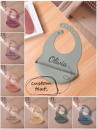 1 pieza Babero de silicona personalizado con nombre de bebé, unicolor, artículos de bebé portátiles, babero impermeable ajustable, artículos de bebé personalizados