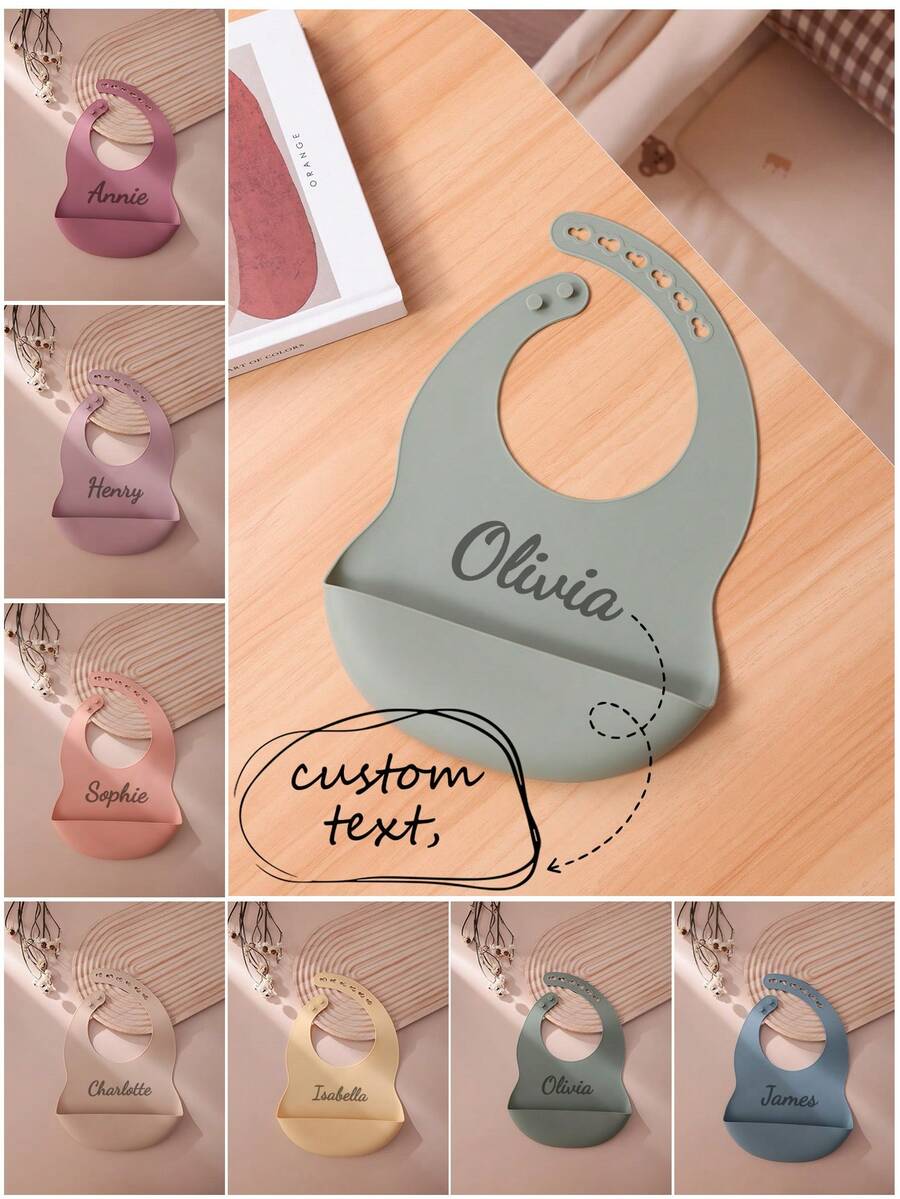 1pc Print On Demand Baby Silicone Bibs Solid Color Baby Stuff Portable Baby Adjustable Bibs Personalized Customization Name Baby Items Essentials - Multicolor - View 1