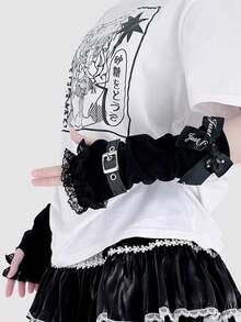 1 双 - Y2K 亚文化黑白条纹蕾丝袖套，洛丽塔甜美酷炫 JK 袖套，夏季薄款朋克风 - 蝴蝶結卡扣袖套 - 查看 4