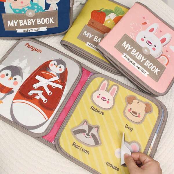 1pc Busy Book Baby Early Education Book Animal & Fruit Recognition Puzzle Toy Animal Cognitive Fabric Book Repeated Paste Book & Sensory Toys Durable Hook And Loop Tear-Resistant Baby Early Learning 3D Tear Book