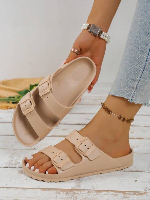 Women's Fashionable Beige Lightweight Flat Sandals, Adjustable Double Buckle EVA Slides With Anti-Slip & Shock Absorbing, Soft & Comfortable, Suitable For Outdoor & Beach