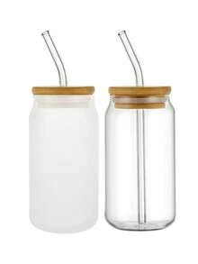 2pcs,16OZ Frosted/Clear Glass Cup Tumblers With Bamboo Lid Sublimate Tumbler Blanks DIY For Iced Coffee Cups