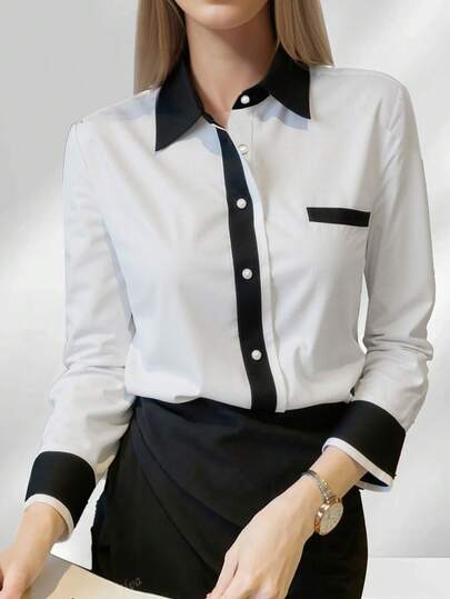 HOMEYEE Women's Fashion Patchwork Front Button Contrast Color Pocket Business Shirt