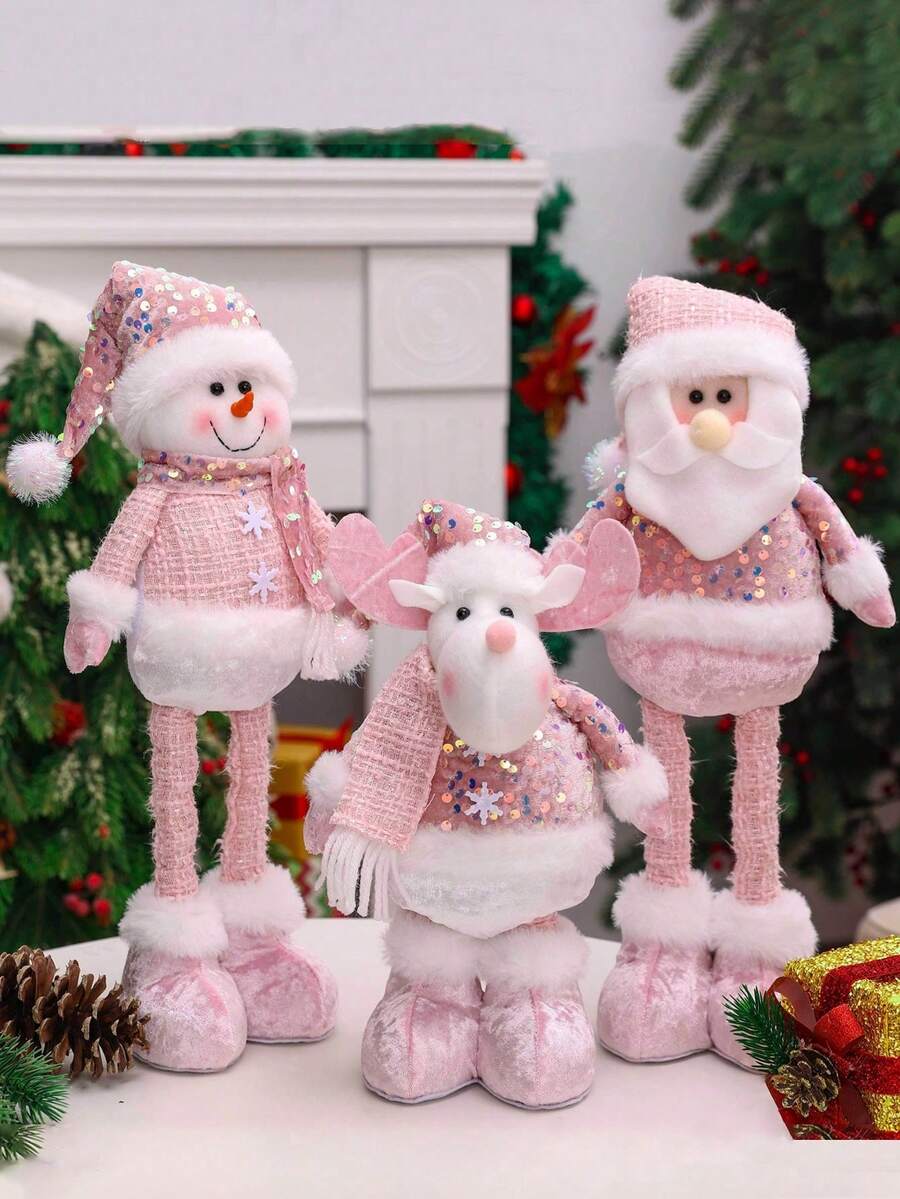 Joivida 新款粉色圣诞老人可伸缩格纹布娃娃，圣诞亮片粉色可伸缩人偶，酒店、酒吧和商场的圣诞装饰，圣诞主题活动和派对，家居装饰品，圣诞和新年礼物 - 粉色 - 查看 1