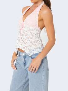 Women's Lace Deep V Neck Sleeveless Crop Tank Top Summer Going Out Tops Ruched Basic Tunic Lace Tops - Pink - View 3