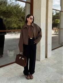 Camellia New Autumn/Winter Women's American Minimalist Street Fashion Zip Decor Lapel Jacket Spring - Coffee Brown - View 6