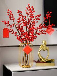 1PC,5PCS, Vibrant Red Fake Berries - Glitter No Batteries Required, Perfect For DIY Christmas Decorations, Weddings And Opening Cereies, New Year Decorations, Classic Plastic Style Home Decor Room Decor