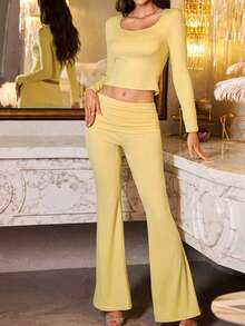 WOWDARK Women's Fashion Square Neck Fitted Casual Cropped Top And Long Pants Set, Autumn