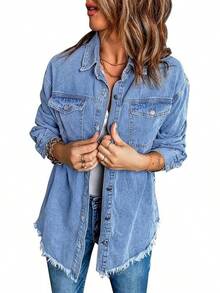 Vetinee Women's Oversized Button Up Frayed Hem Shacket Long Sleeve Pockets Denim Jean Jacket - Wave Blue - 查看 2