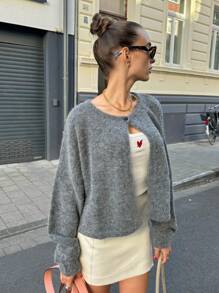 森雅女装秋冬新款单扣圆领长袖针织开衫，灰色宽松休闲日常毛衣上衣，休闲斗篷针织外套 - 深灰色 - 查看 10